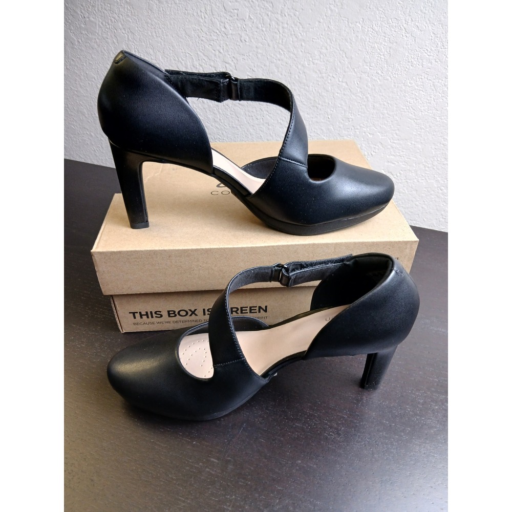 Clarks Ambyr Glow Black Leather Cross Strap Platform Mary Jane Heels 8.5 M